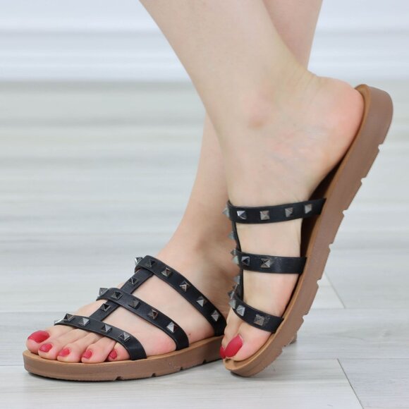 Slider Sandal Slip On Gladiator Flats Studded Black Pliable Sole - Picture 6 of 13